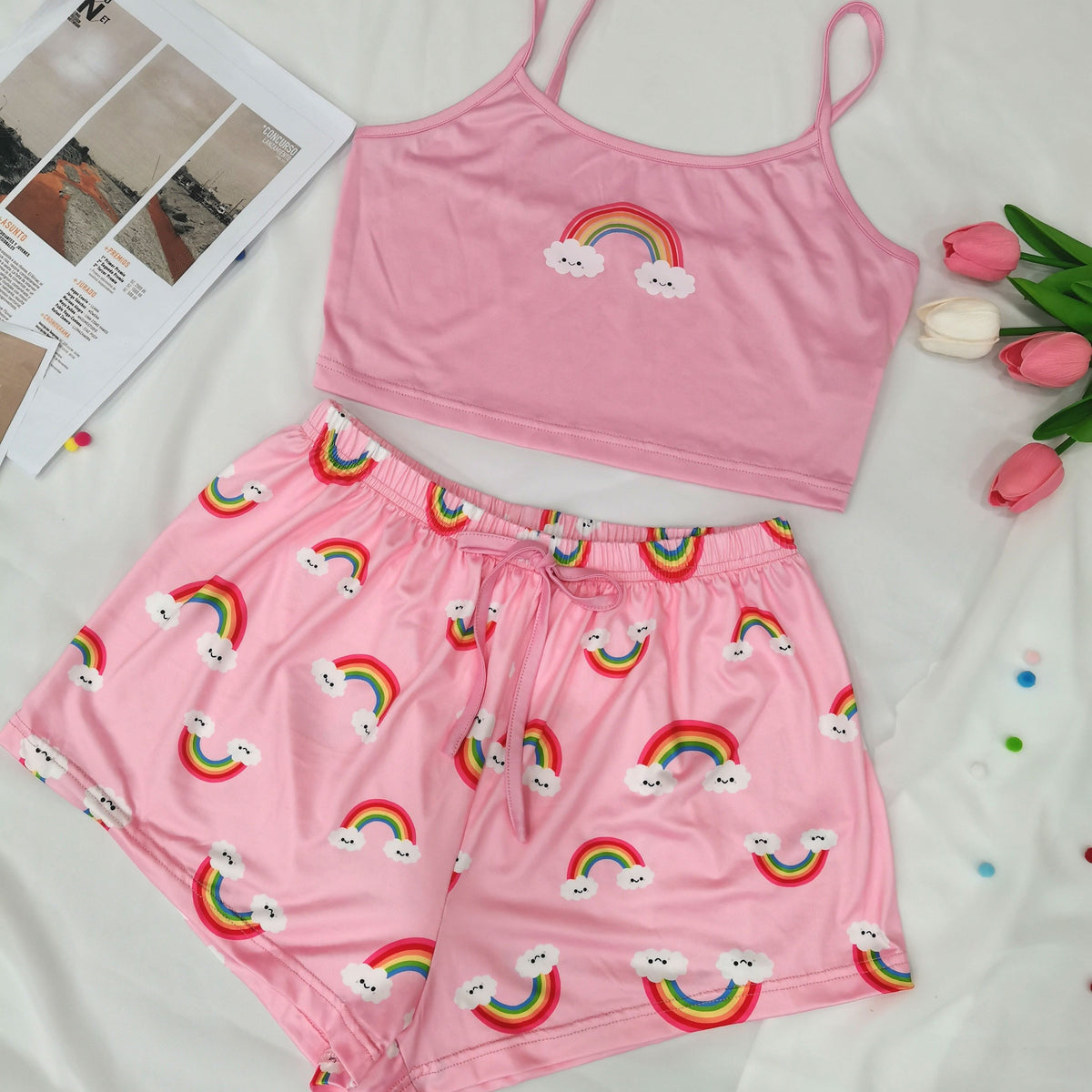 Rainbow Print Pajama Set Cami Top & Shorts Women's Sleepwear