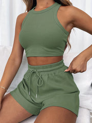 Rib Knit Crop Top & Drawstring Shorts Set, Casual Sports Suit