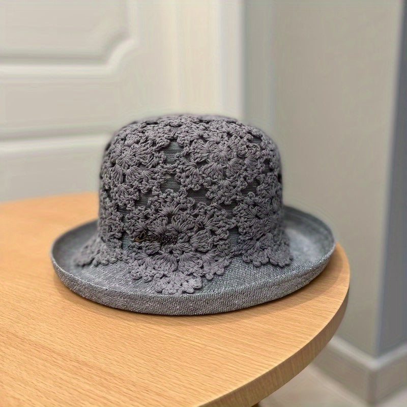 Flower Hollow Knitted Sun Hat Bucket Hat Foldable Cloche Hats for Women Summer
