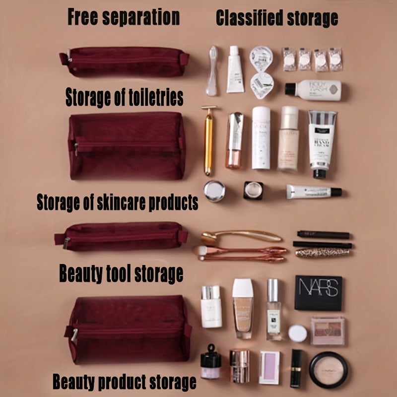 4 In 1 Portable Mesh Makeup Bag Hanging Roll Up Travel Toiletry Bag