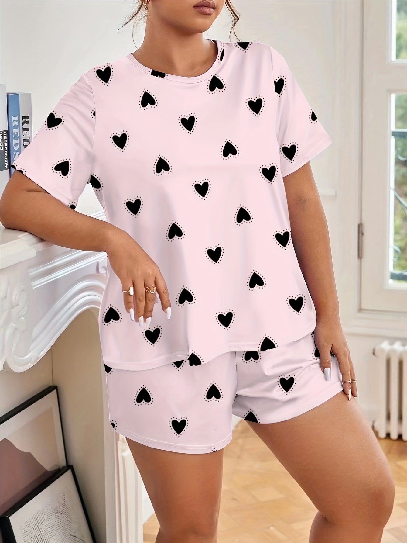  Heart Print Tee & Shorts Loungewear Set