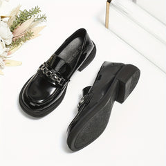 Women's Chain Decor Loafers Patent Leather Slip On Shoes