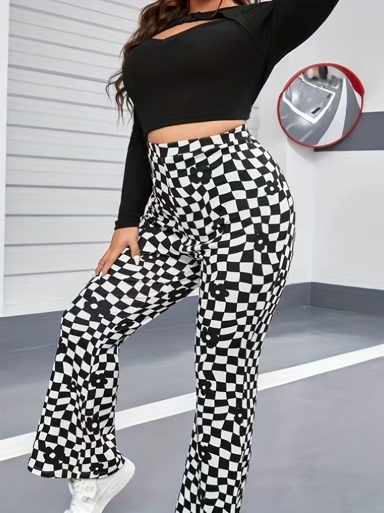 Floral & Checkered Print Flared Leg High Rise Pants Plus Size Y2K