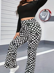 Floral & Checkered Print Flared Leg High Rise Pants Plus Size Y2K