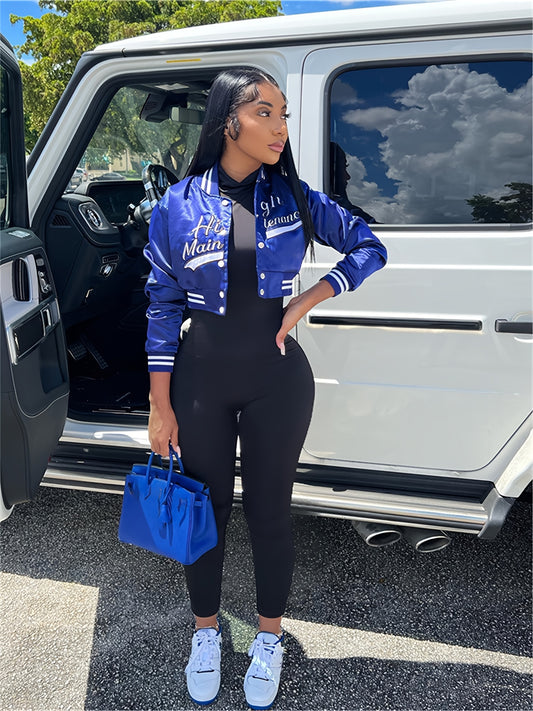 Embroidered Jacket Baseball Collar Crop Top