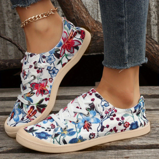 Women's Flower Pattern Canvas Lace-Up Sneakers