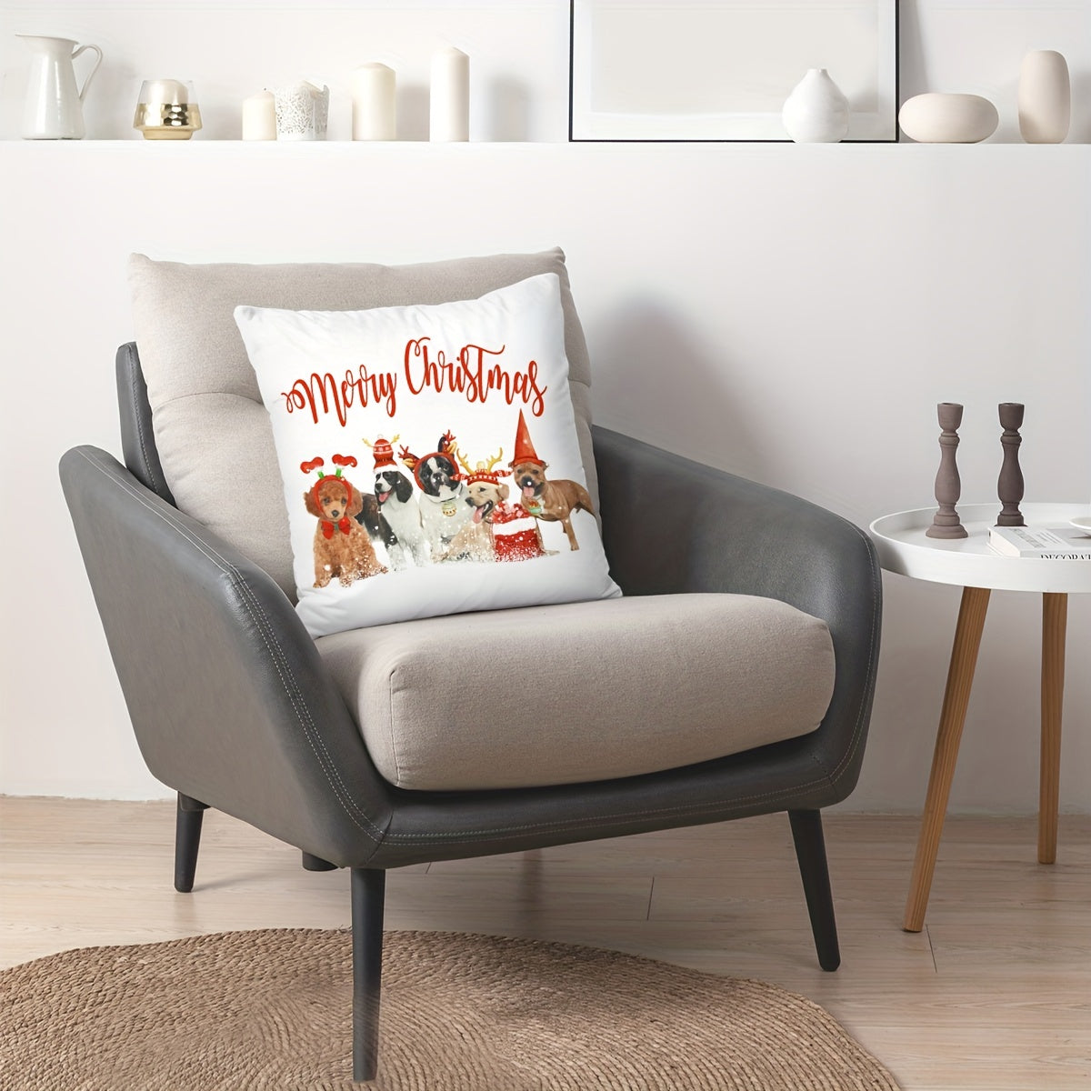 Christmas Dog Print Throw Pillow Cover Home Decor