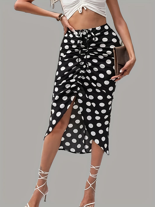 Polka Dot Print Casual Ruched Drawstring Bag Hip Skirt