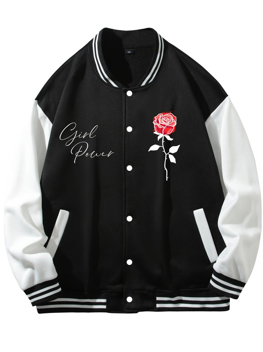 Men's Rose Print Lightweight Fleece Baseball Jacket