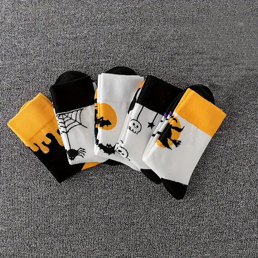 5 Pairs Skull & Bat Print Halloween Crew Socks Women's Stockings