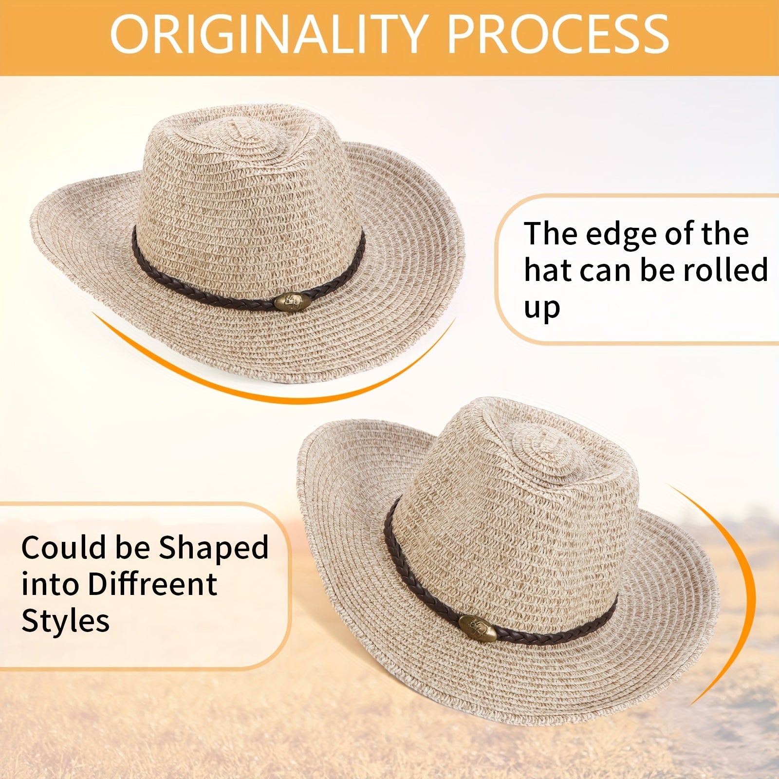 Summer Straw Cowboy Hat Western Style Unisex Windproof Crushable Hat