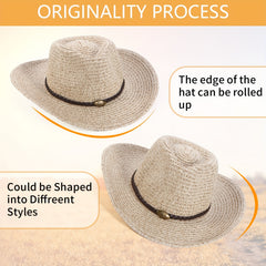 Summer Straw Cowboy Hat Western Style Unisex Windproof Crushable Hat