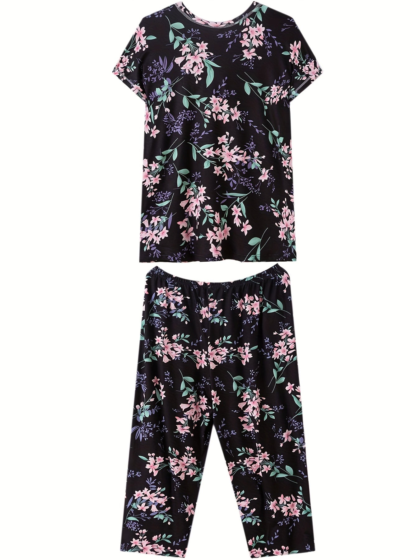 Floral Print Pajama Set Short Sleeve Crew Neck Top & Crop Pants