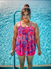  Leaf Print Tie Front Tankini Set