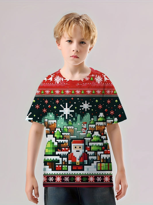 Pixel Christmas Print Boy's Tees Short Sleeve Crew Neck Comfy T-shirt