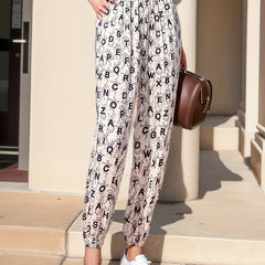  Casual Pants Women's Plus Allover Letter Print Elastic High Rise