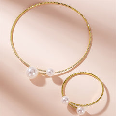 Rhinestone Faux Pearl Collar Necklace & Bracelet Set