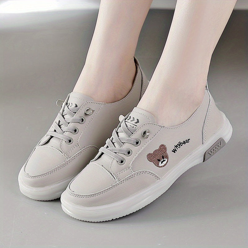 Women's Bear Pattern Flat Sneakers Lace Up Low Top Shoes
