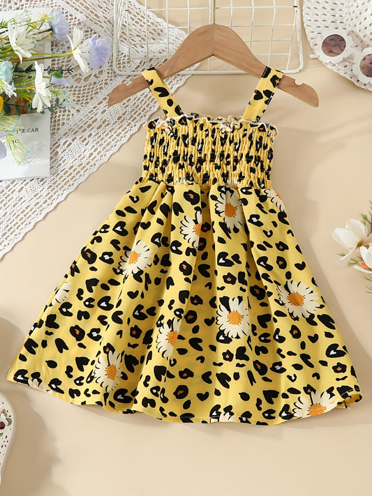 Toddler Girls Leopard Flowers Graphic Frill Trim Cami Dress