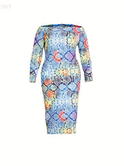  Snake Skin Print Off Shoulder Long Sleeve Dress
