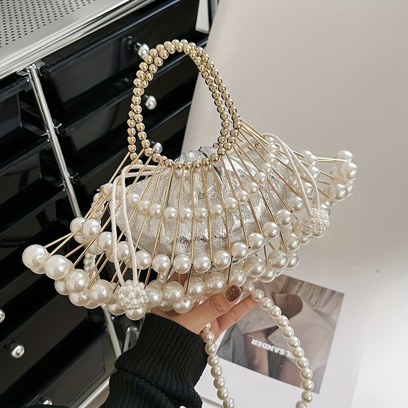Fan Shaped Niche Hollow Bag Woven Faux Pearl Metal Dinner Bag