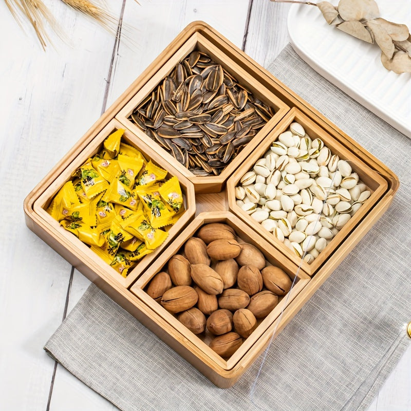 Bamboo Divided Serving Tray With Lid & Removable Dividers