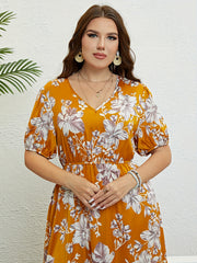  Floral Print Bubble Sleeve V Neck Midi Dress