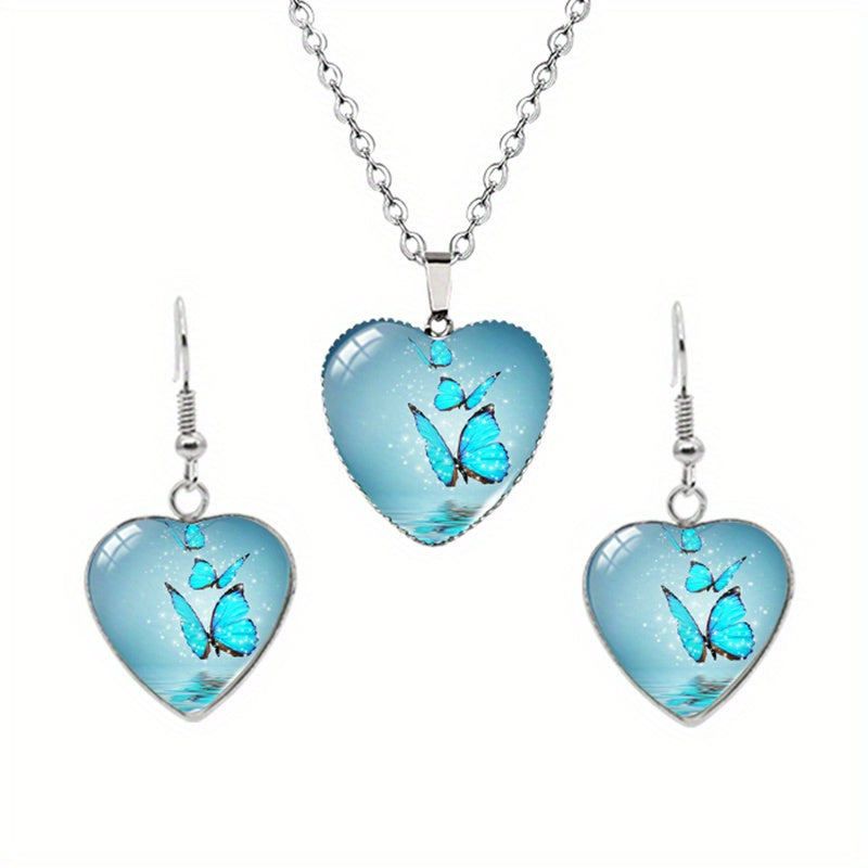 Butterfly Pattern Drop Necklace With Heart Shape Glass Pendant Neck Chain