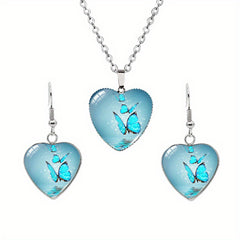 Butterfly Pattern Drop Necklace With Heart Shape Glass Pendant Neck Chain