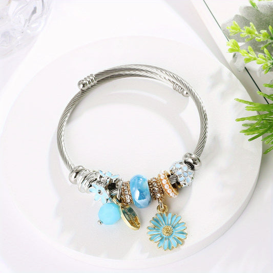 Small Daisy Charm Beaded Bangle Bracelet for Girls