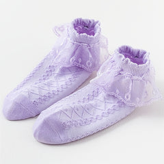 Girls Ruffle Lace Trim Ankle Cotton Socks, 4 Pairs