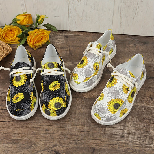 Women's Sunflower Pattern Round Toe Canvas Slip-On Walking Shoes