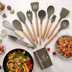 12pcs Silicone Cooking Utensils Set with Wooden Handle