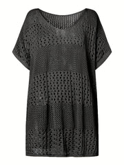 Apricot Crochet Eyelet Hollow Cove Up Dress Shorts Sleeve Solid Vacation Boho