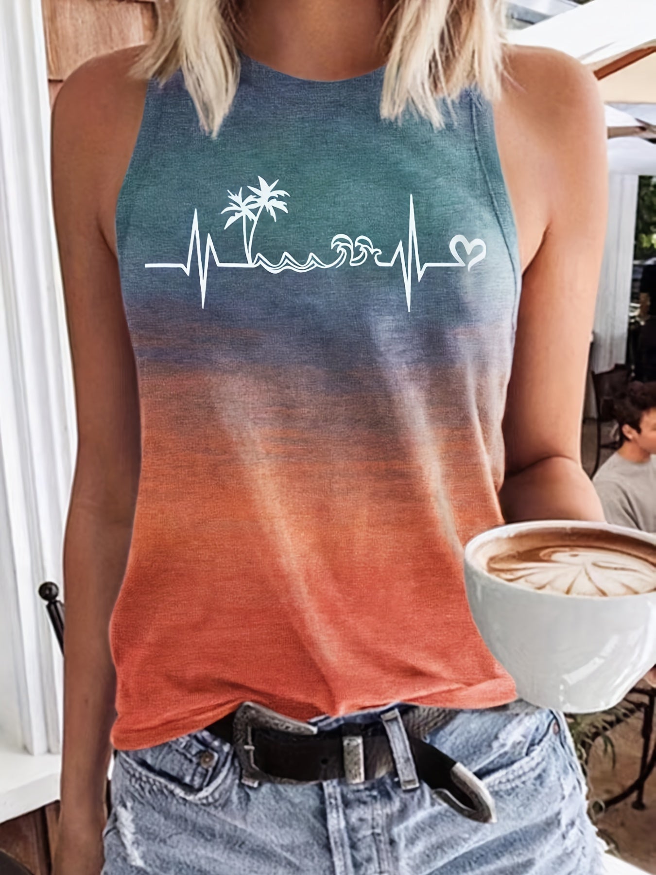 Coconut Tree Print Tank Top Crew Neck Sleeveless Casual