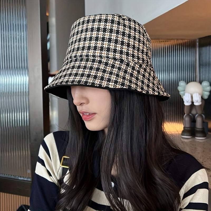 Reversible Houndstooth Bucket Hat Lightweight Basin Hat Outdoor Sunscreen Travel