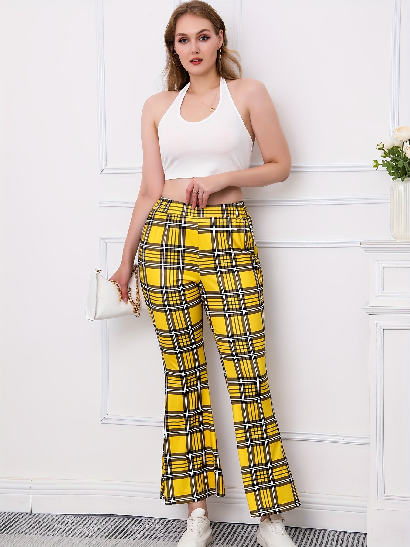  Plaid Print High Rise Flared Leggings