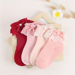 3 Pairs Girl Socks Love Bow Ruffled Princess Socks