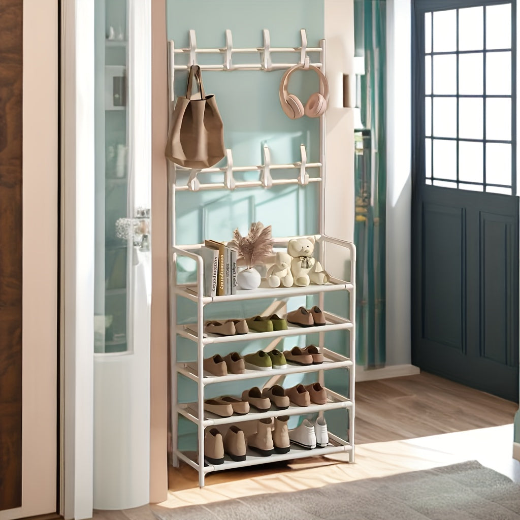 Sturdy Freestanding Metal Coat Rack Shoe Rack w/ Multifunctional Storage Rack