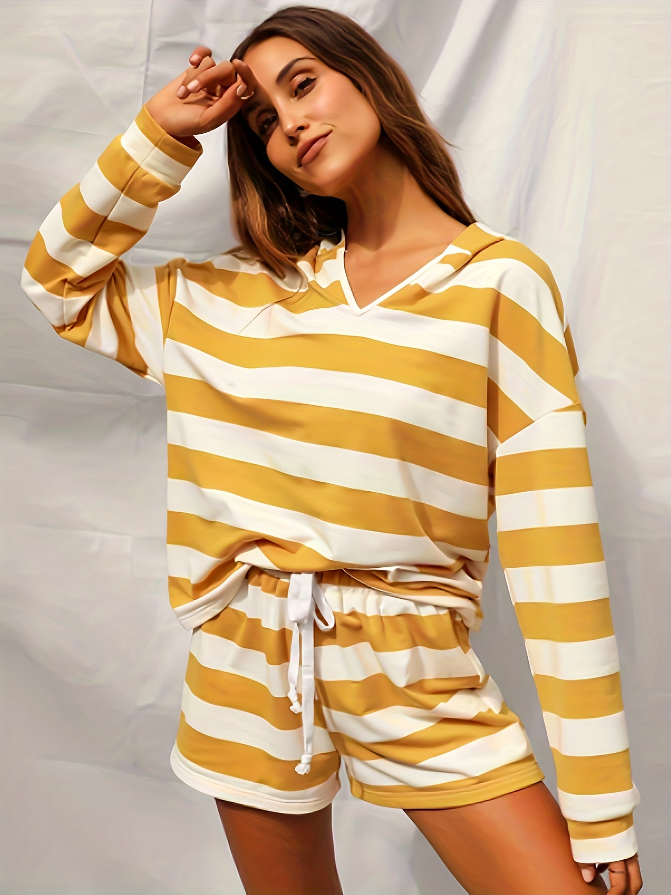 Striped Print Two Piece Set Long Sleeve V Neck Hooded Tops & Drawstring Shorts