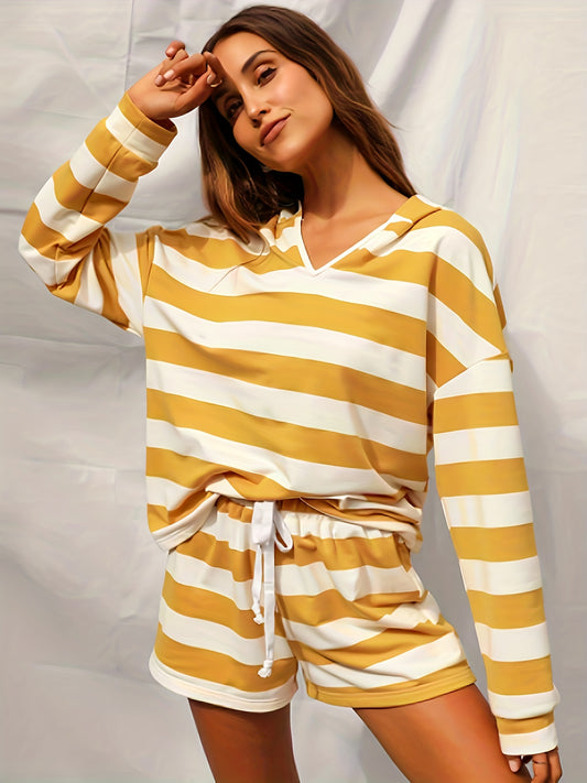 Striped Print Two Piece Set Long Sleeve V Neck Hooded Tops & Drawstring Shorts