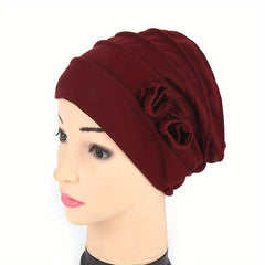 Double Flower Decor Turban Cap Head Wrap Solid Elastic Beanies Lightweight