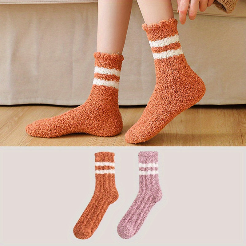 2 Pairs Striped Fuzzy Socks Comfy & Warm Mid Tube Women's Stockings