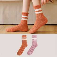 2 Pairs Striped Fuzzy Socks Comfy & Warm Mid Tube Women's Stockings