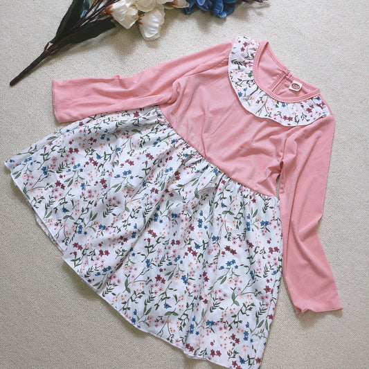 Floral Ruffle Collar Long Sleeve Dress For Girls