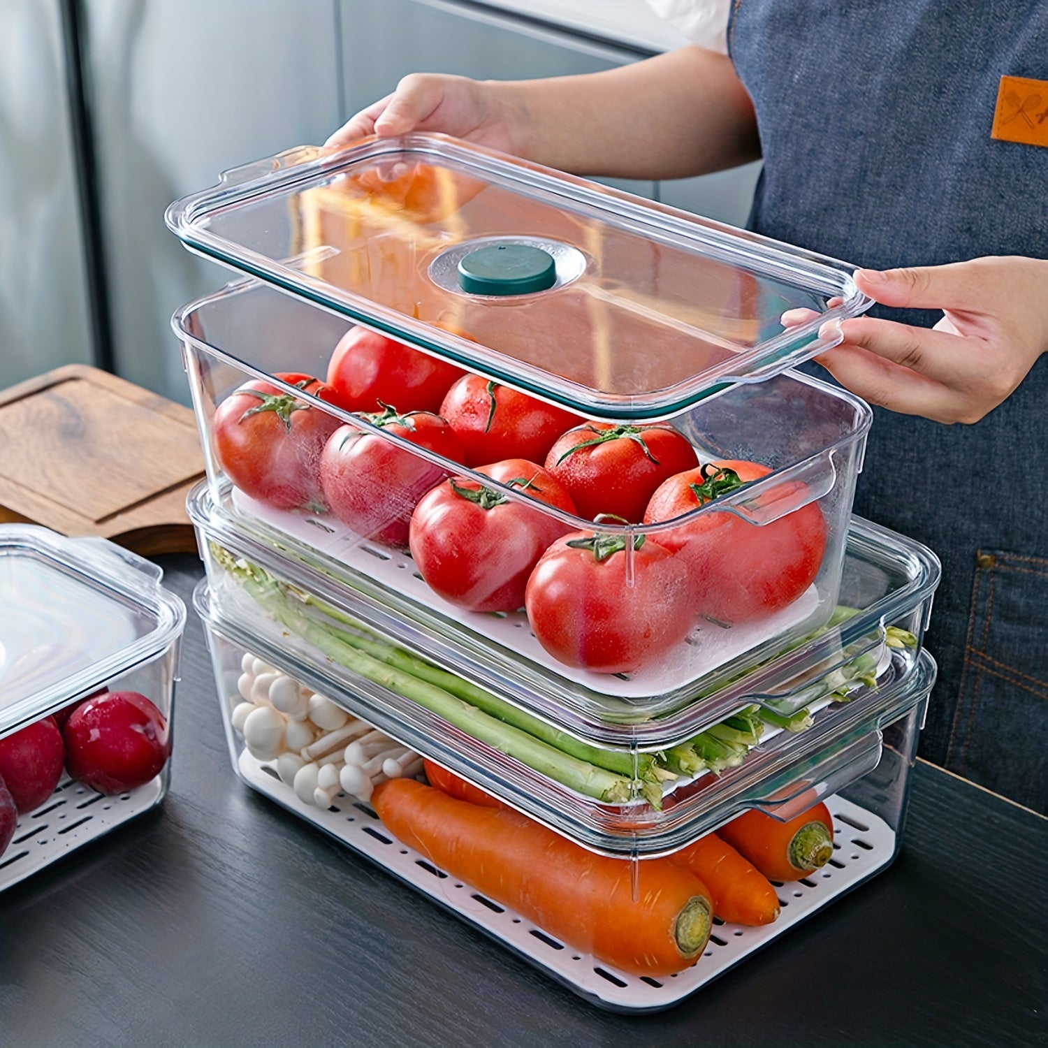 Plastic Refrigerator Storage Box Draining Fresh Keeping Fruit Vegetable Crisper