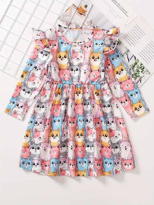 Girls Kitty Ruffle Long Sleeve Dress for Spring and Autumn