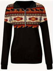  Boho Knit Top Women's Plus Colorblock Graphic Print Zipper Long Sleeve
