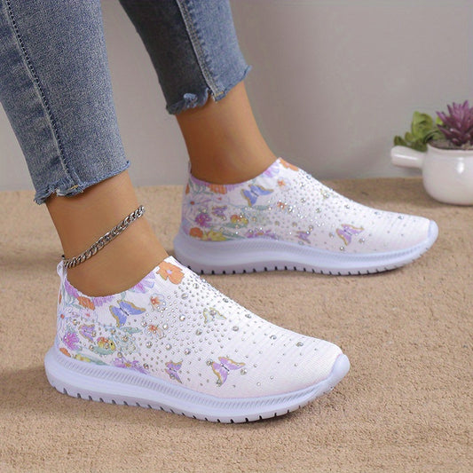 Women's Rhinestone Sock Shoes Butterfly & Floral Print Knit Running Shoes