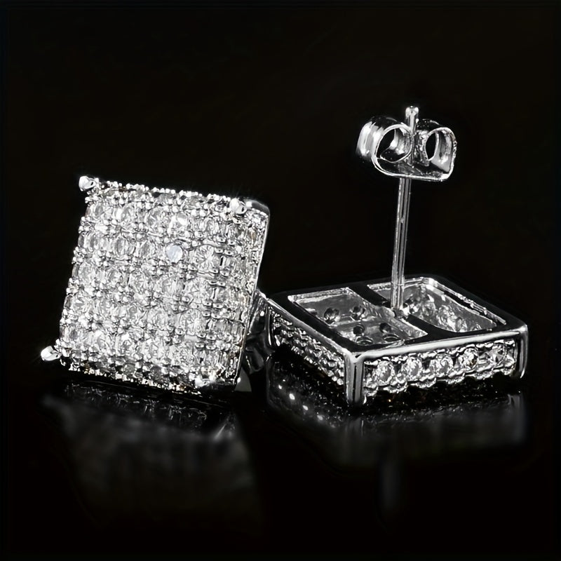 Men's Zircon Square Stud Earrings Hip Hop Party Gift Jewelry